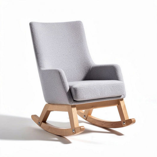 Fauteuil à bascule en tissu gris avec structure en bois de hêtre dimensions 70 x 70 x 100cm