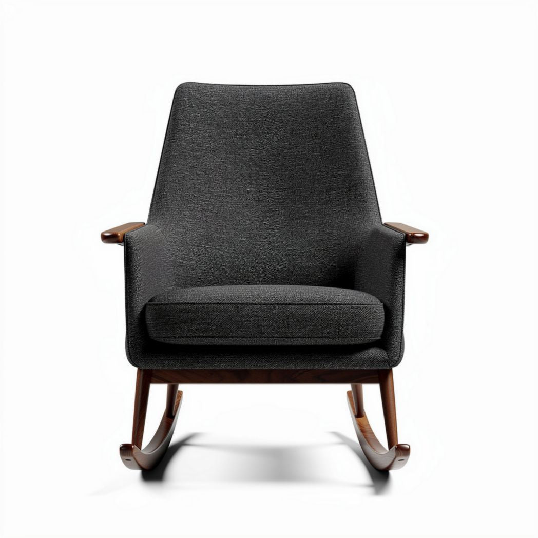 Fauteuil à bascule en tissu gris avec structure en bois de 80 x 70 x 100cm