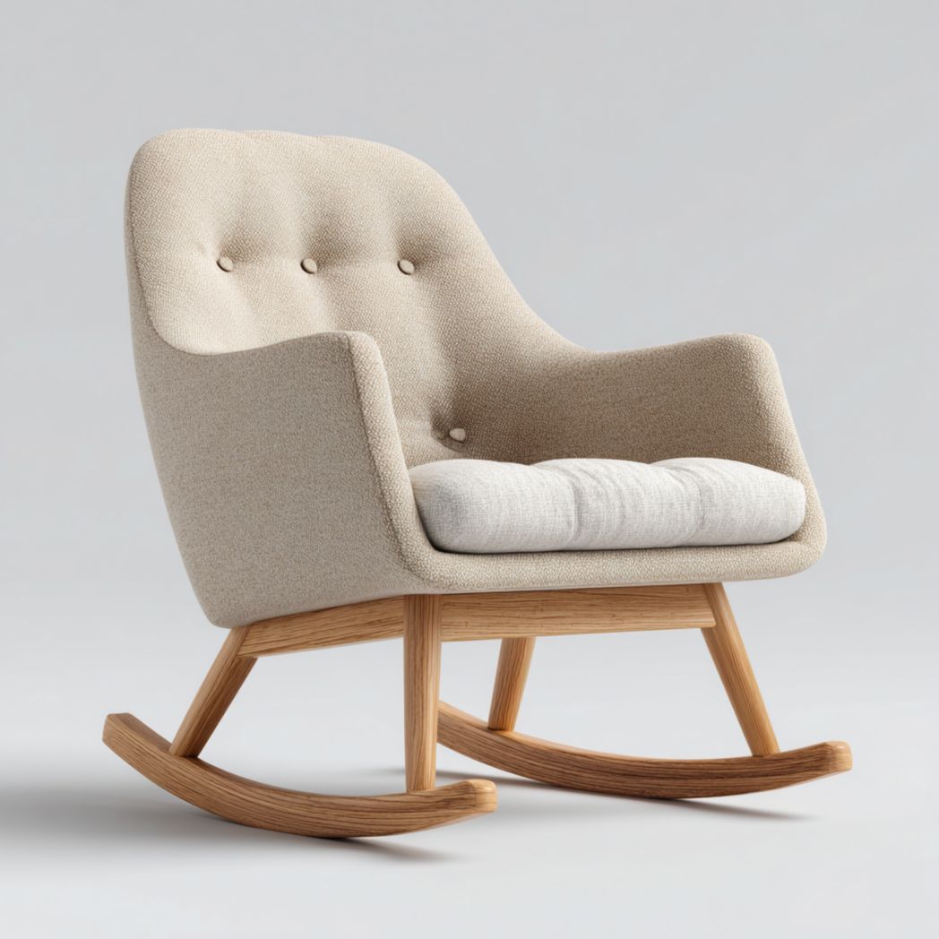Fauteuil à bascule en tissu gris avec structure en bois de dimensions 80 x 65 x 95cm