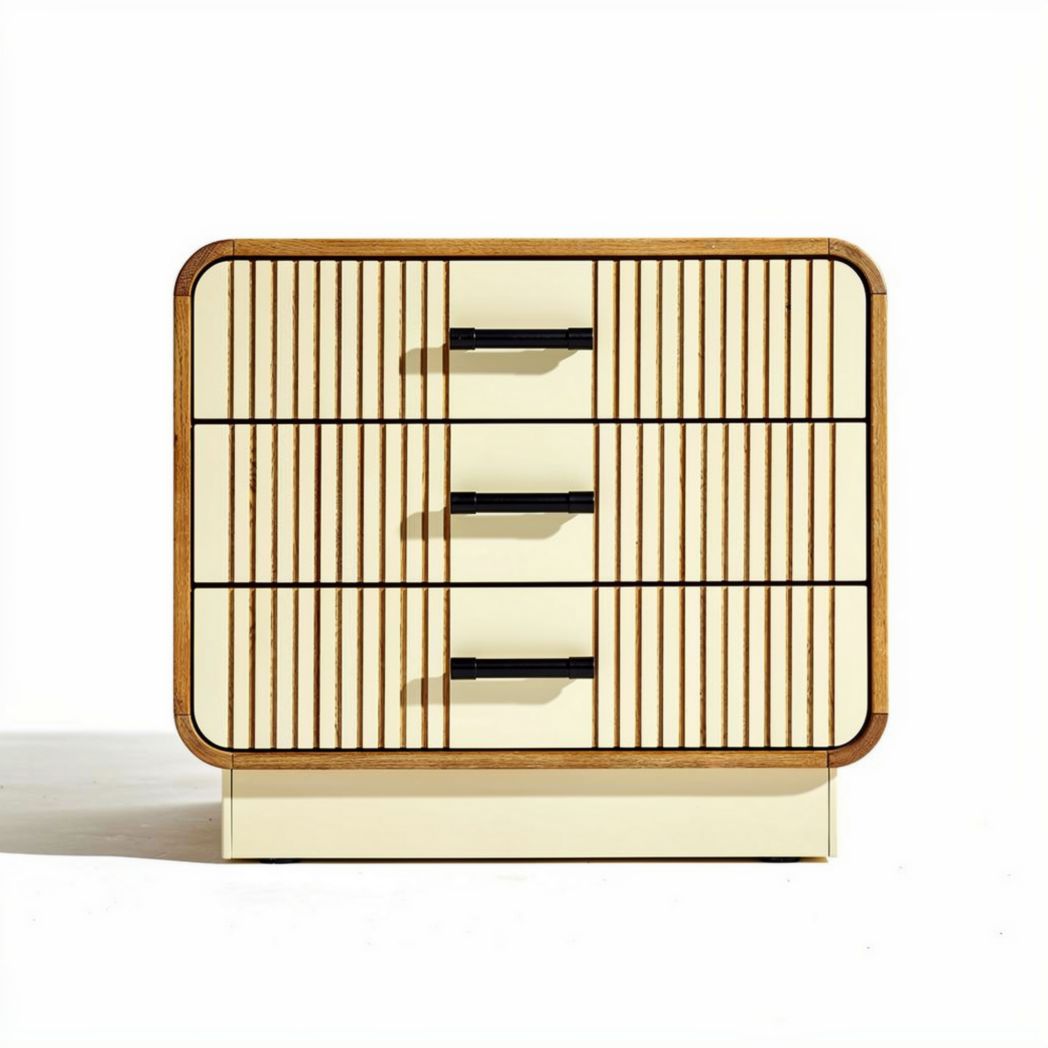 Commode moderne en bois et imitation rotin 60 x 40 x 45cm crème