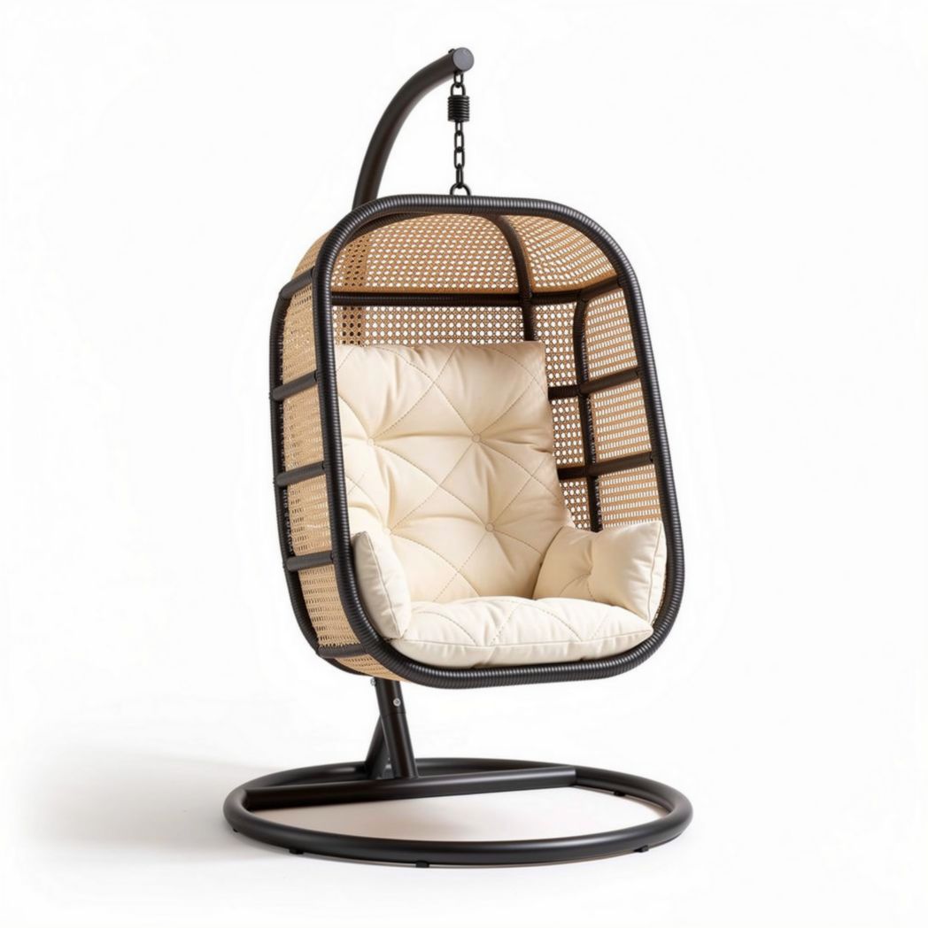 Chaise suspendue en métal noir avec coussin blanc crème 80 x 70 x 120cm