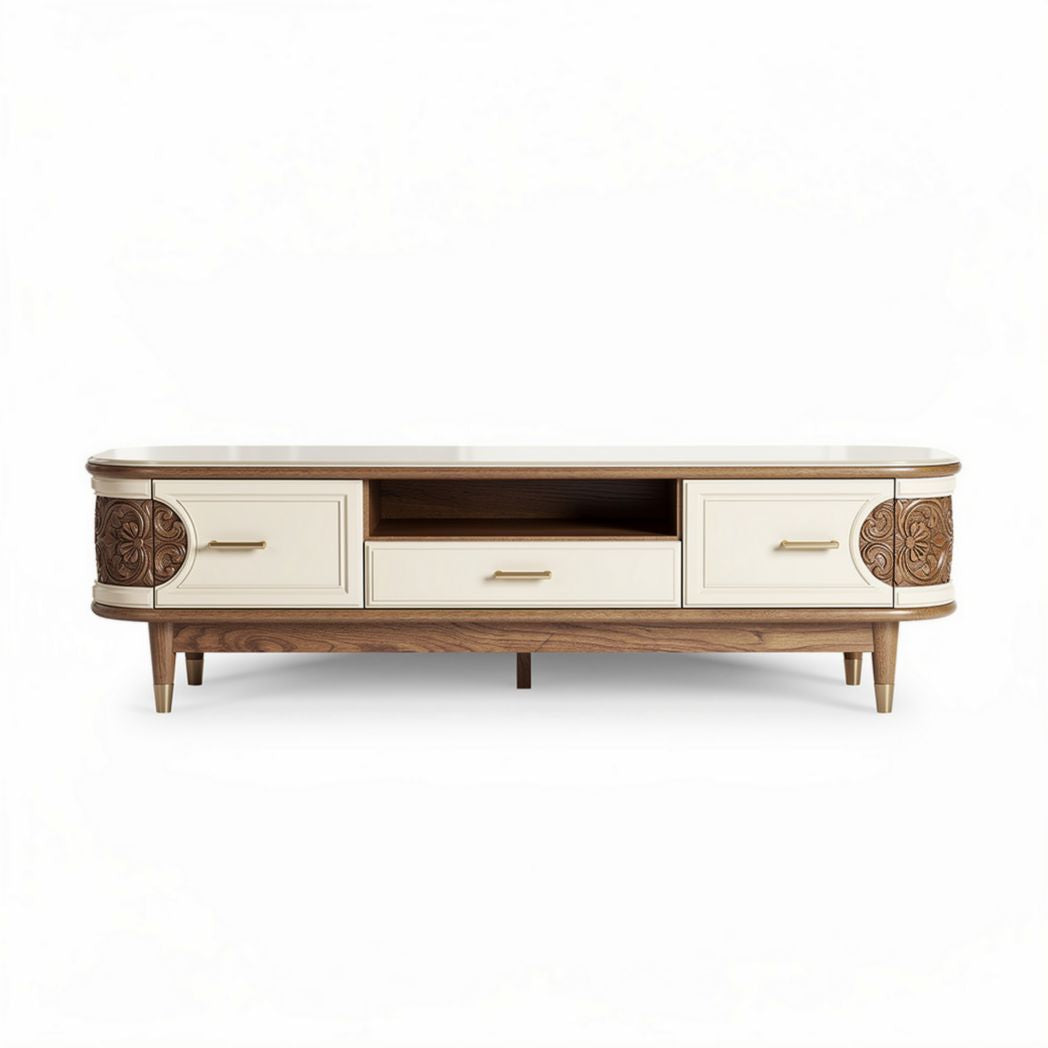 Meuble tv en bois avec tiroirs et décorations en relief 150 x 40 x 50cm