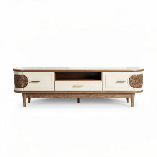 Meuble tv en bois avec tiroirs et décorations en relief 150 x 40 x 50cm